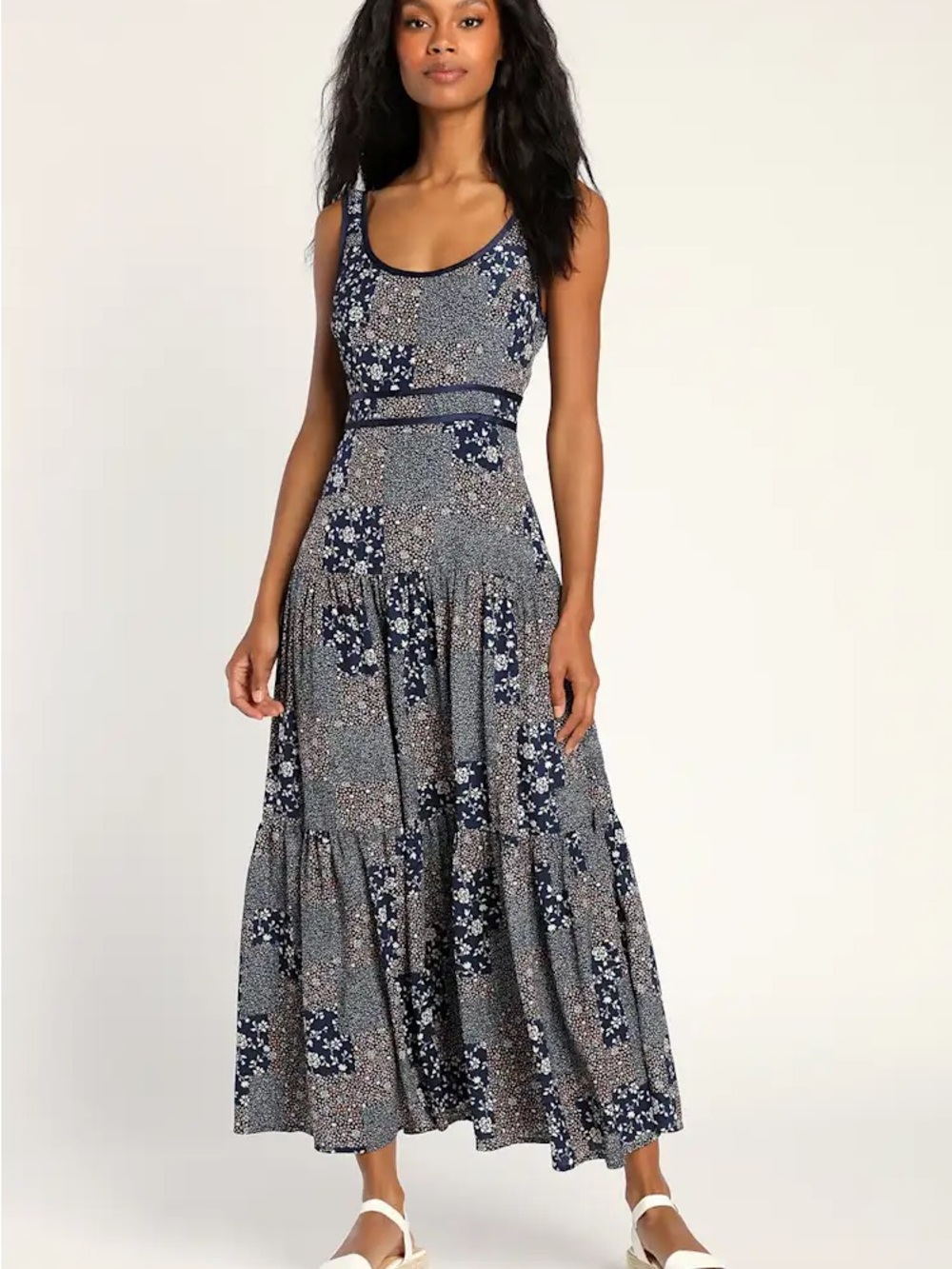 Lulu's Navy Patchwork Floral Scoop-Neck Maxi Dress